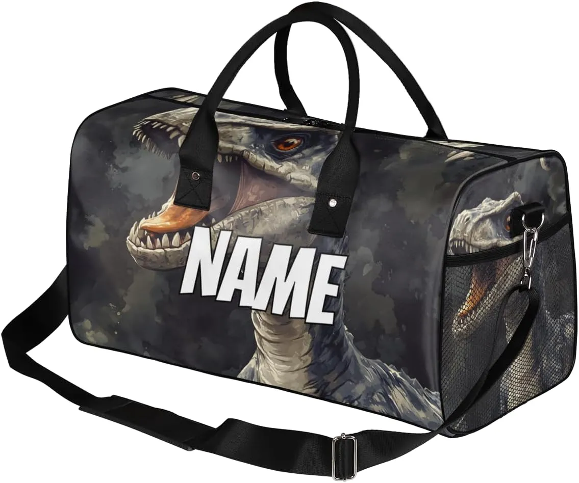 Personalized Dinosaur Theme Travel Duffel Bag with Name, Custom Gym Sport Bag Jungle Animals Carry On Weekend Overnight Duffel Bag for Men Women