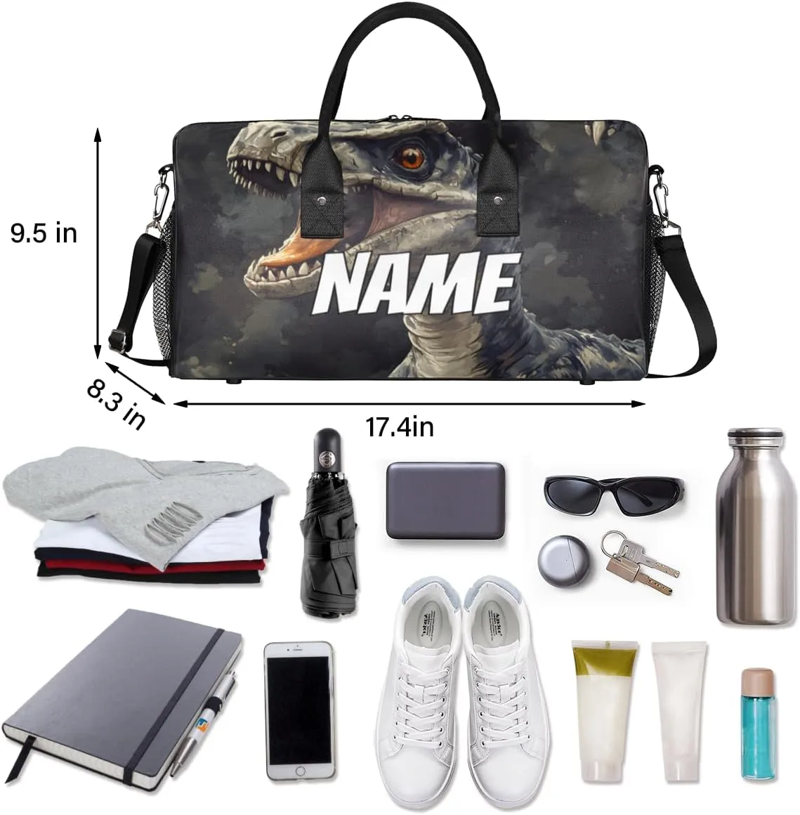 Personalized Dinosaur Theme Travel Duffel Bag with Name, Custom Gym Sport Bag Jungle Animals Carry On Weekend Overnight Duffel Bag for Men Women