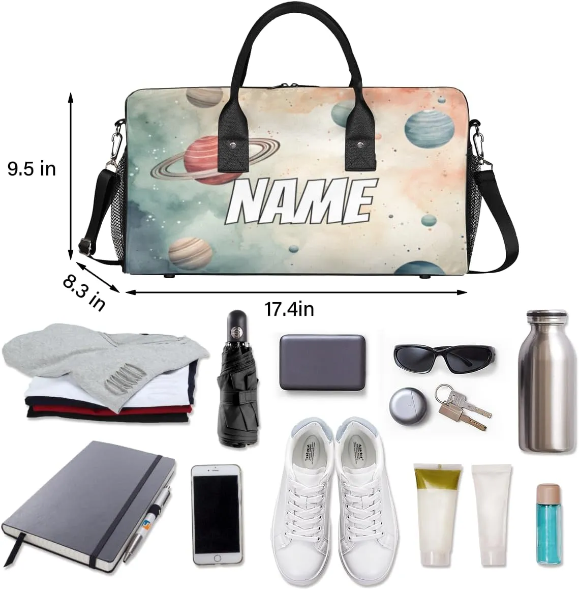 Personalized Fantasy Planet Travel Duffel Bag with Name, Custom Gym Sport Bag Universe Galaxy Carry On Weekend Overnight Duffel Bag for Men Women