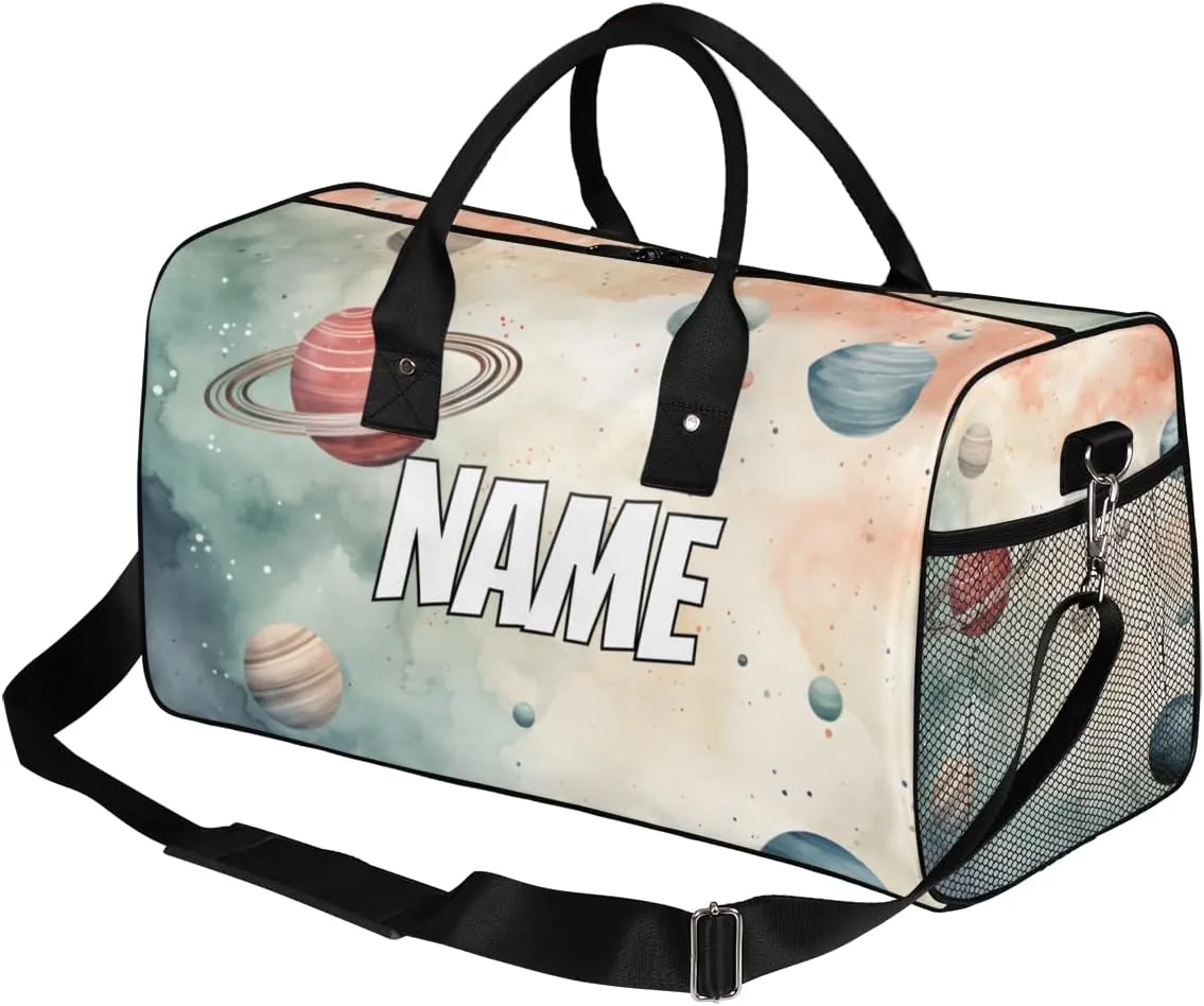 Personalized Fantasy Planet Travel Duffel Bag with Name, Custom Gym Sport Bag Universe Galaxy Carry On Weekend Overnight Duffel Bag for Men Women
