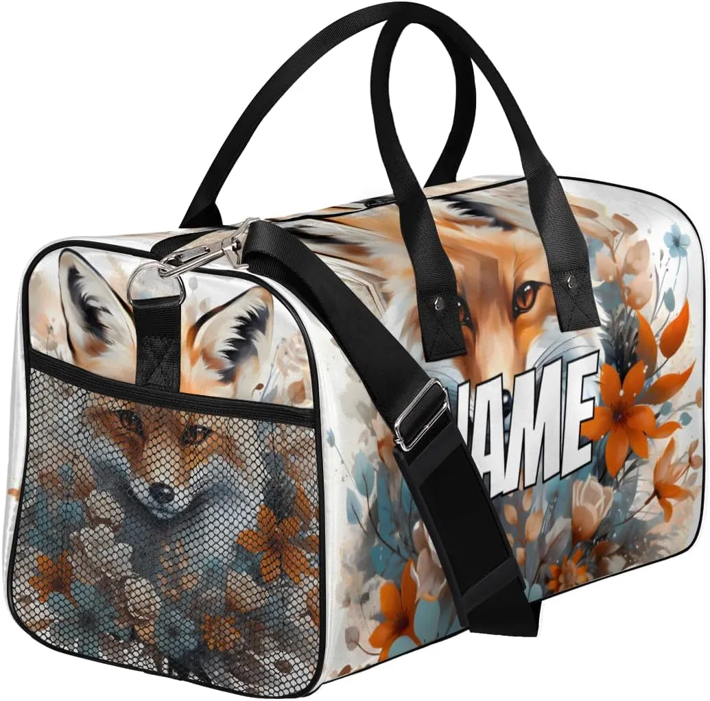 Personalized Forest Fox Travel Duffel Bag with Name, Custom Gym Sport Bag Wildlife Animals Carry On Weekend Overnight Duffel Bag for Men Women