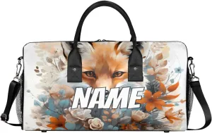 Personalized Forest Fox Travel Duffel Bag with Name, Custom Gym Sport Bag Wildlife Animals Carry On Weekend Overnight Duffel Bag for Men Women