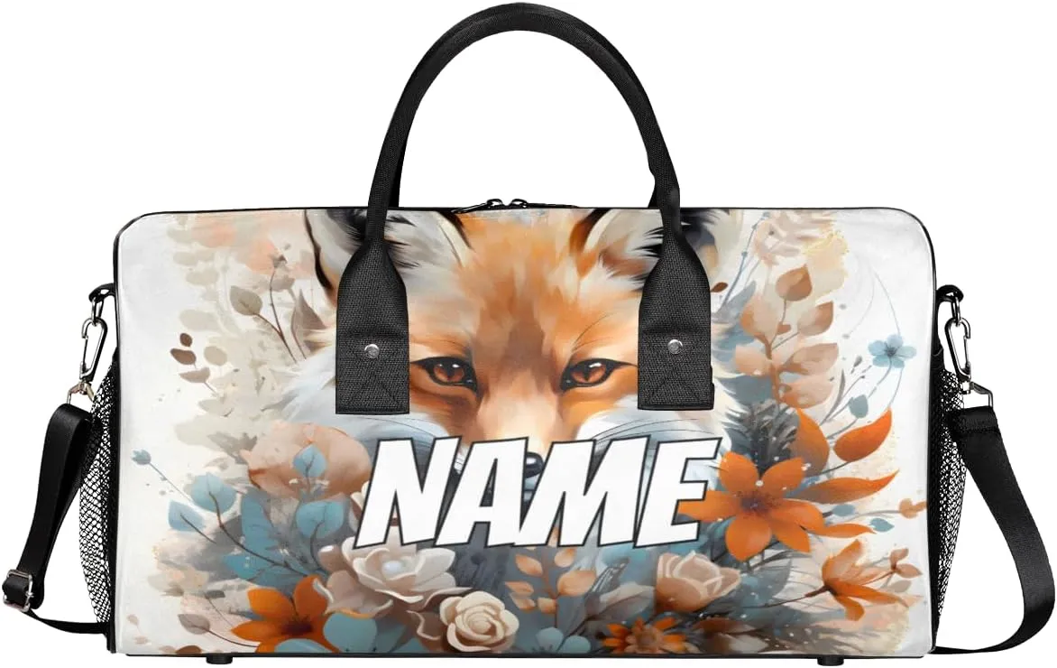 Personalized Forest Fox Travel Duffel Bag with Name, Custom Gym Sport Bag Wildlife Animals Carry On Weekend Overnight Duffel Bag for Men Women