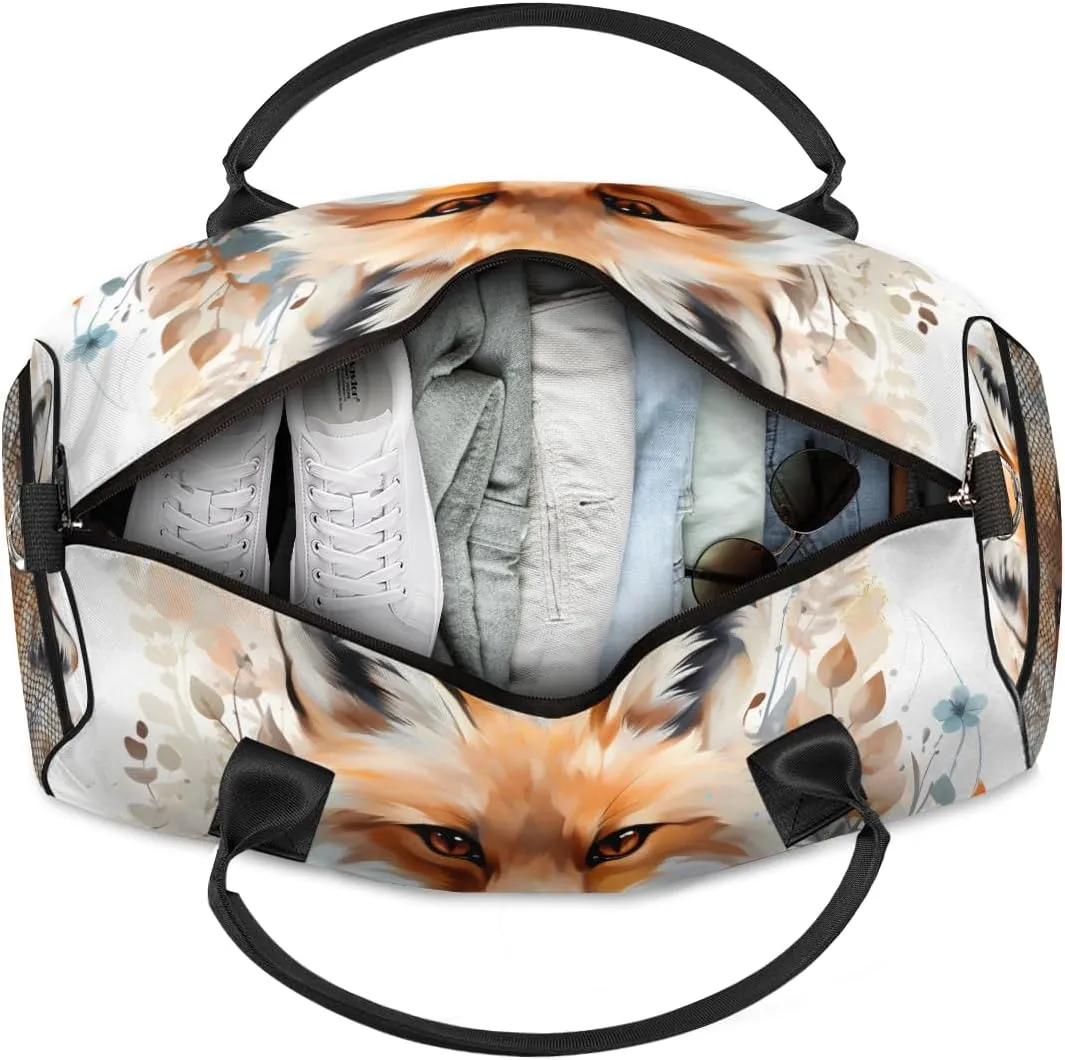 Personalized Forest Fox Travel Duffel Bag with Name, Custom Gym Sport Bag Wildlife Animals Carry On Weekend Overnight Duffel Bag for Men Women
