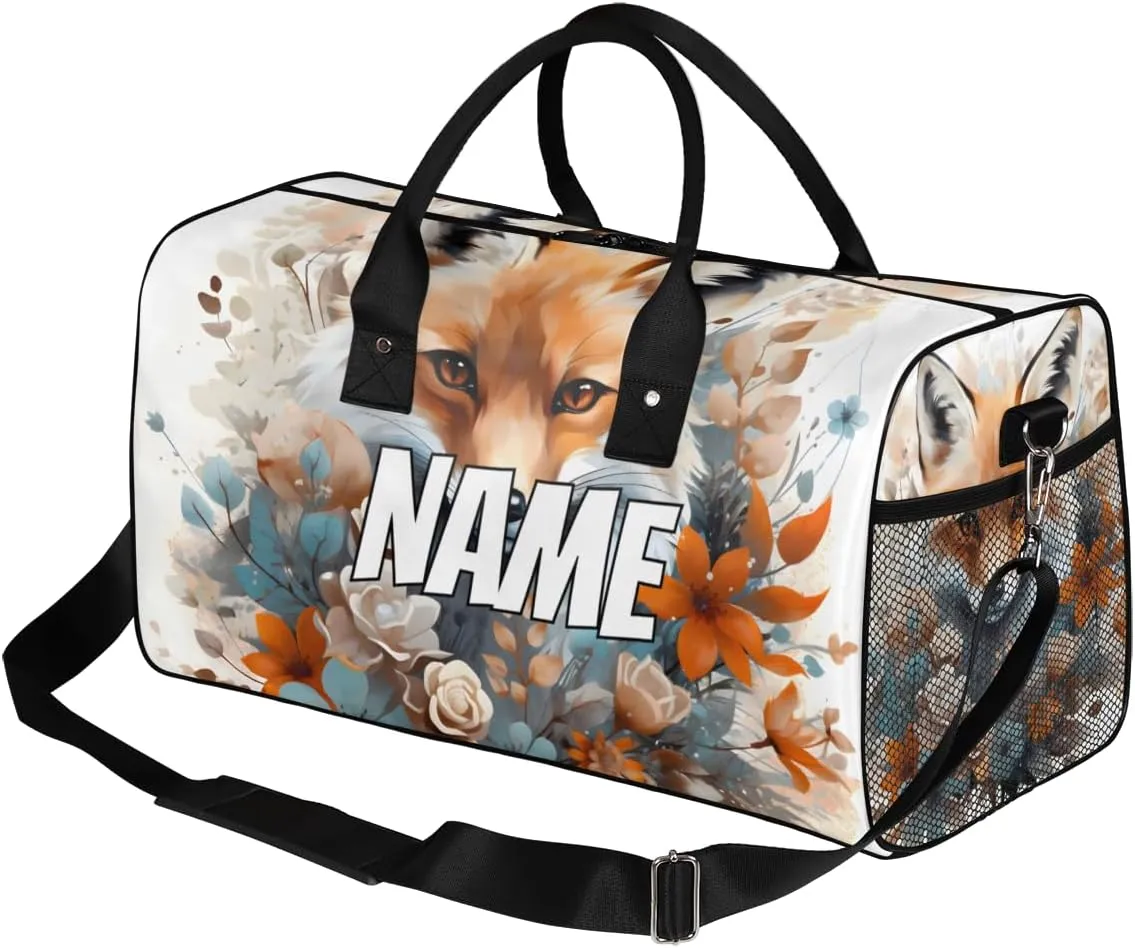 Personalized Forest Fox Travel Duffel Bag with Name, Custom Gym Sport Bag Wildlife Animals Carry On Weekend Overnight Duffel Bag for Men Women