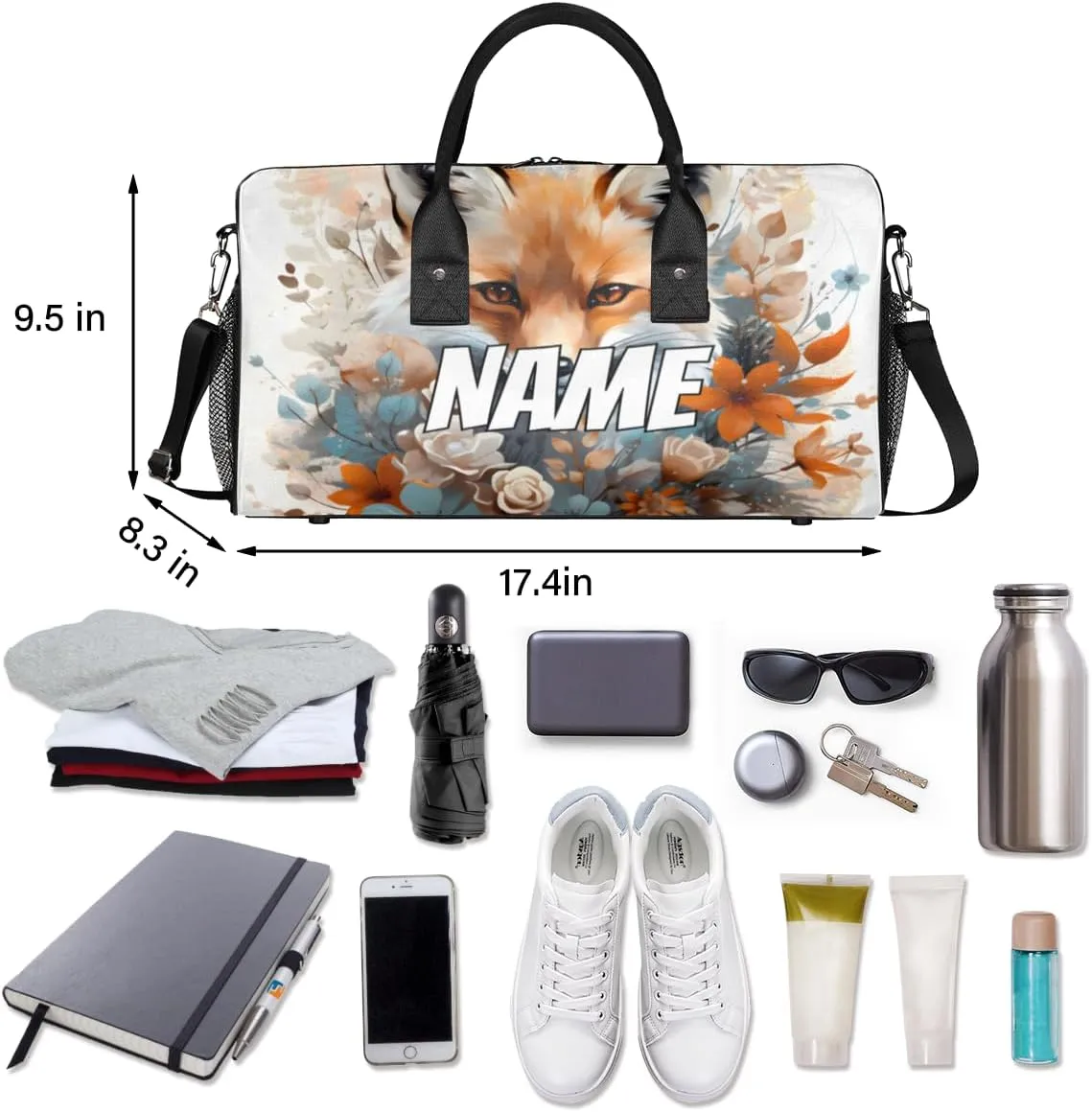 Personalized Forest Fox Travel Duffel Bag with Name, Custom Gym Sport Bag Wildlife Animals Carry On Weekend Overnight Duffel Bag for Men Women