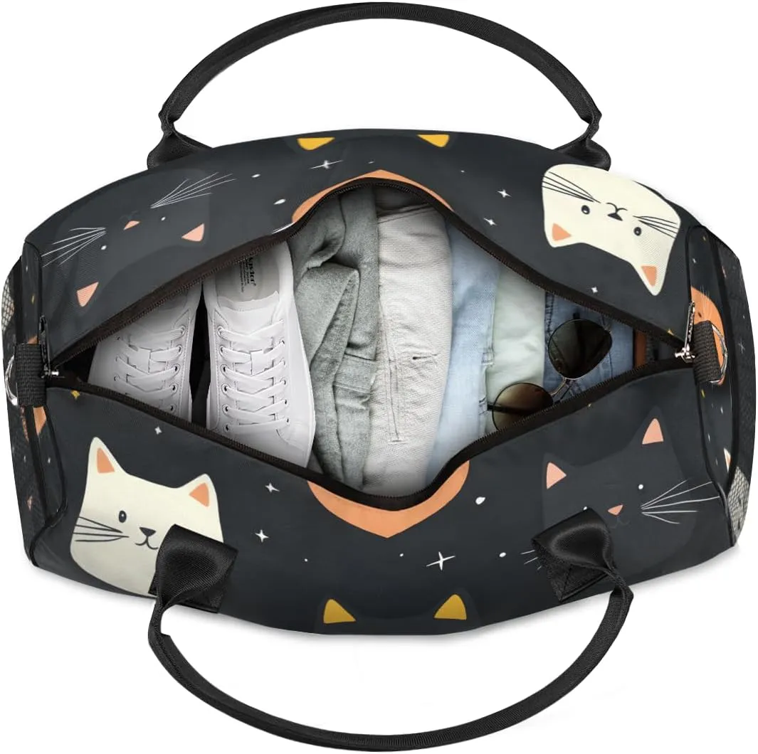 Personalized Funny Cat Travel Duffel Bag with Name, Custom Gym Sport Bag Cartoon Cat Carry On Weekend Overnight Duffel Bag for Men Women