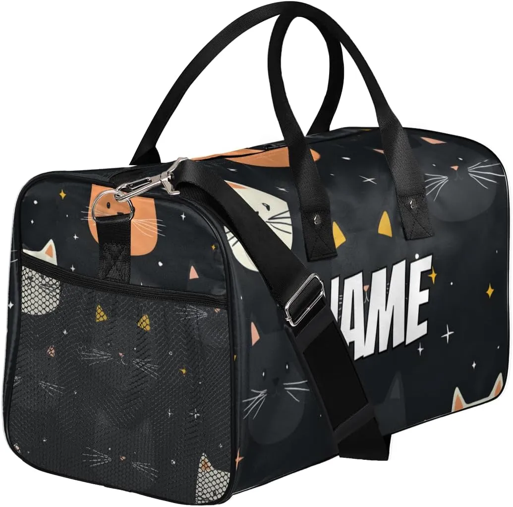 Personalized Funny Cat Travel Duffel Bag with Name, Custom Gym Sport Bag Cartoon Cat Carry On Weekend Overnight Duffel Bag for Men Women