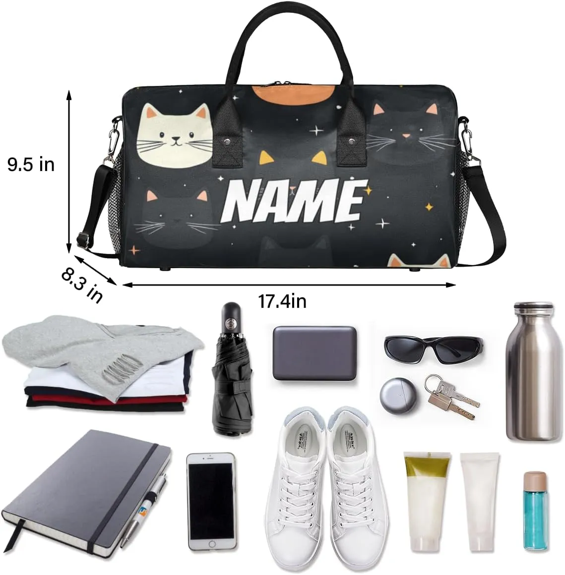 Personalized Funny Cat Travel Duffel Bag with Name, Custom Gym Sport Bag Cartoon Cat Carry On Weekend Overnight Duffel Bag for Men Women