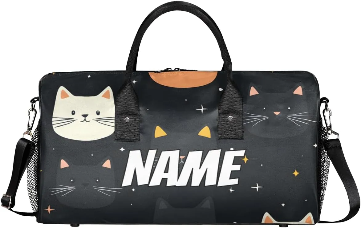 Personalized Funny Cat Travel Duffel Bag with Name, Custom Gym Sport Bag Cartoon Cat Carry On Weekend Overnight Duffel Bag for Men Women