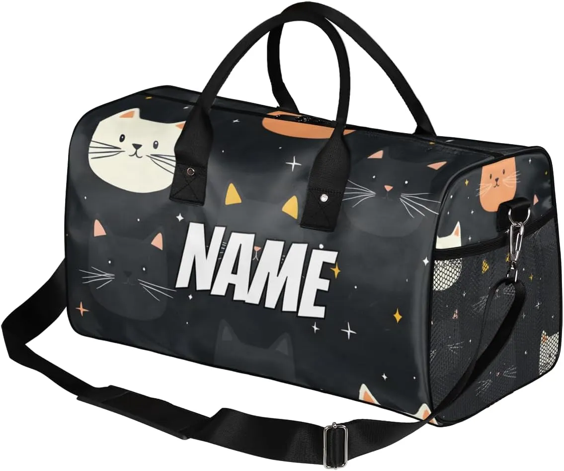 Personalized Funny Cat Travel Duffel Bag with Name, Custom Gym Sport Bag Cartoon Cat Carry On Weekend Overnight Duffel Bag for Men Women