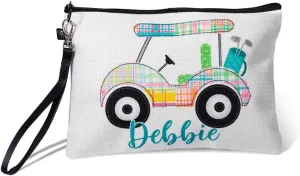 Personalized Golf Cart Make Up Bag with Wrist Strap Small Mini Makeup Bag Pouch For Purse Customize Name Golf Cosmetic Bag Toiletry Golf Lover Gifts For Women Mother Size 9.05Inch×6.3Inch