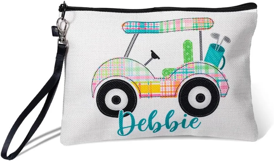 Personalized Golf Cart Make Up Bag with Wrist Strap Small Mini Makeup Bag Pouch For Purse Customize Name Golf Cosmetic Bag Toiletry Golf Lover Gifts For Women Mother Size 9.05Inch×6.3Inch