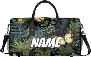 Personalized Green Leaf Travel Duffel Bag with Name, Custom Gym Sport Bag Sage Leaves Carry On Weekend Overnight Duffel Bag for Men Women