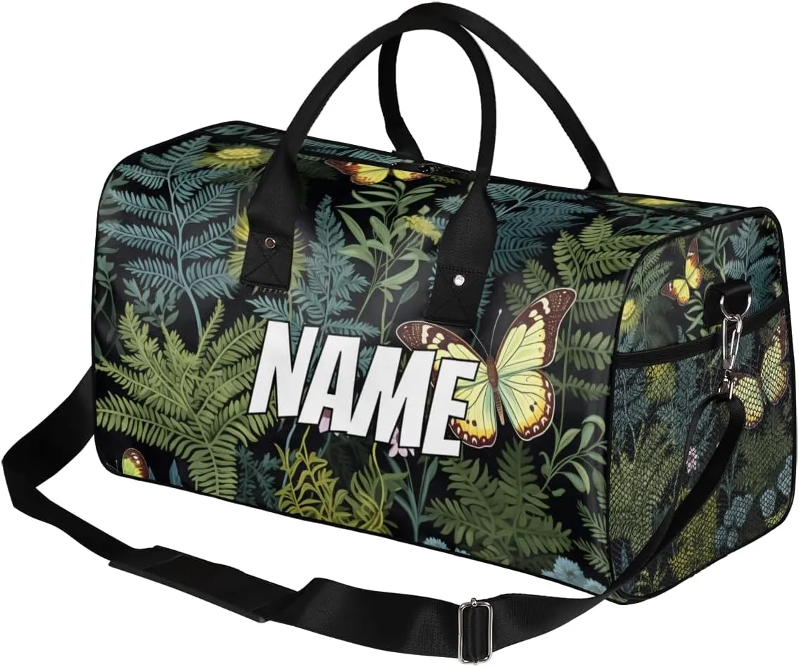 Personalized Green Leaf Travel Duffel Bag with Name, Custom Gym Sport Bag Sage Leaves Carry On Weekend Overnight Duffel Bag for Men Women