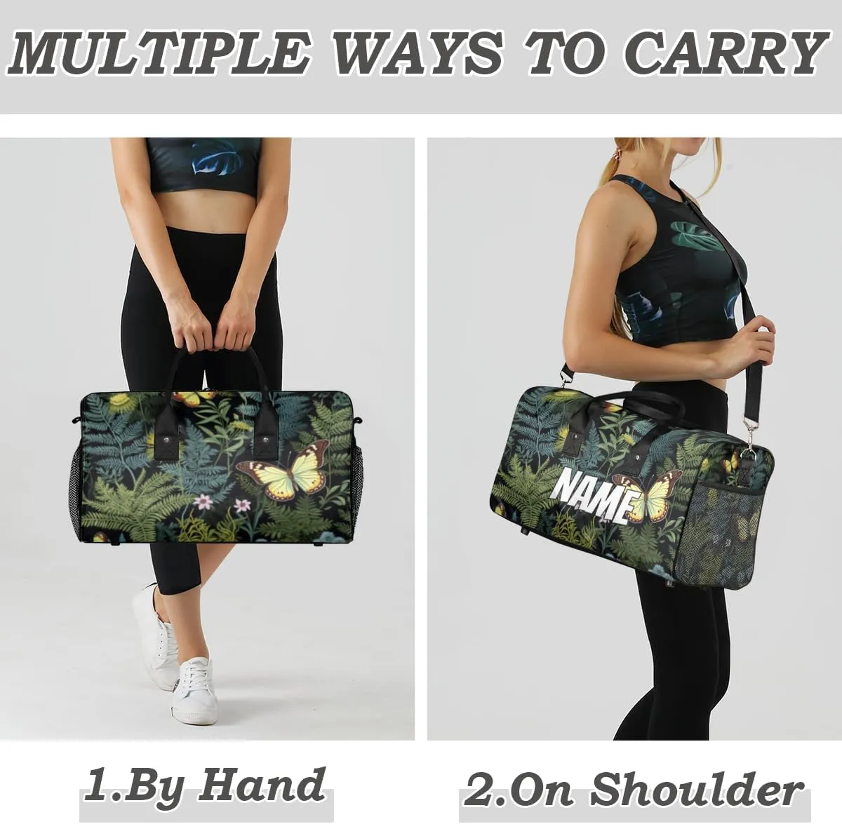 Personalized Green Leaf Travel Duffel Bag with Name, Custom Gym Sport Bag Sage Leaves Carry On Weekend Overnight Duffel Bag for Men Women