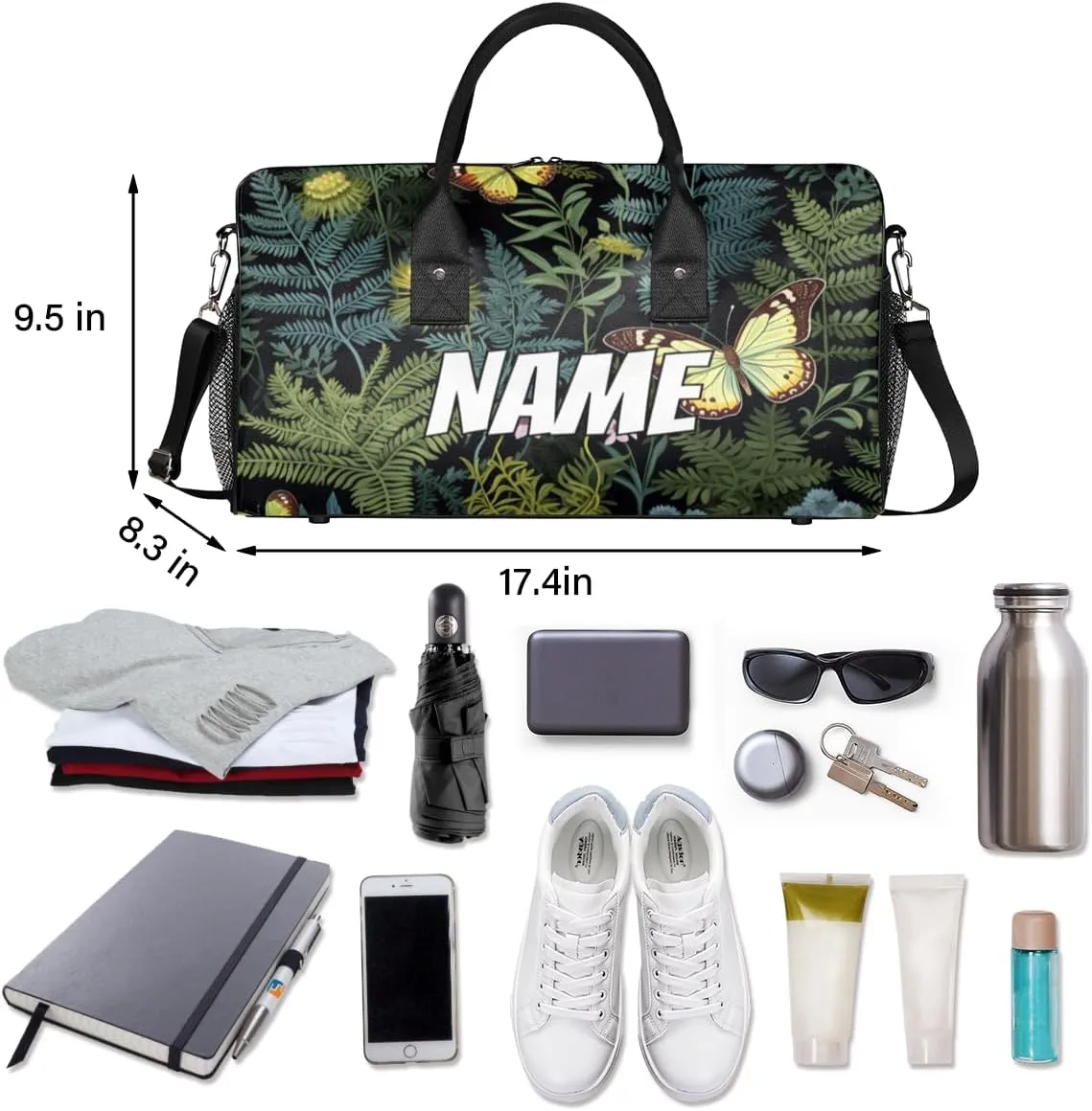 Personalized Green Leaf Travel Duffel Bag with Name, Custom Gym Sport Bag Sage Leaves Carry On Weekend Overnight Duffel Bag for Men Women