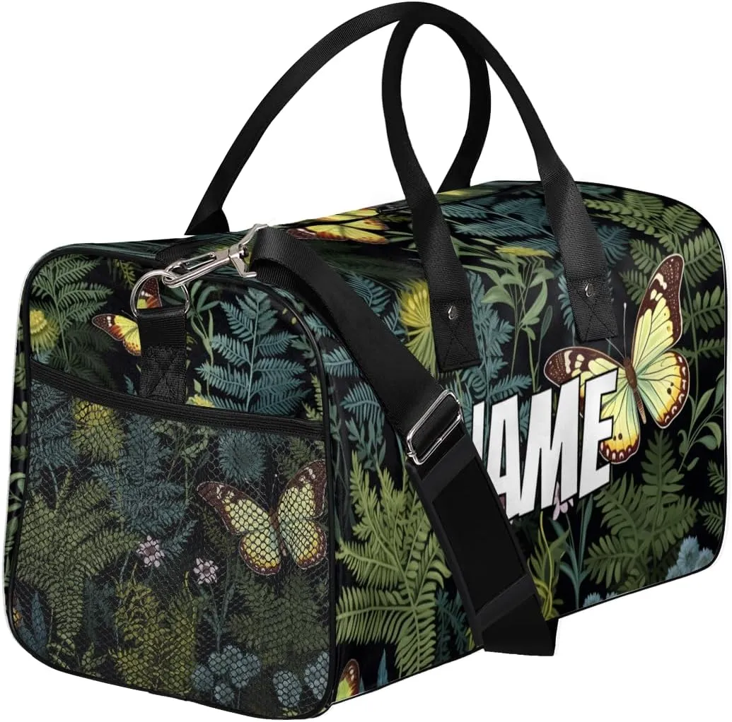 Personalized Green Leaf Travel Duffel Bag with Name, Custom Gym Sport Bag Sage Leaves Carry On Weekend Overnight Duffel Bag for Men Women