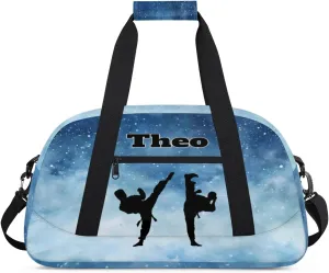 Personalized Gym Bag for Boys, Custom Sport Gym Taekwondo Silhouette Cheerleading Duffel Bag Weekender Fitness Bags Travel Duffel Bag, Watercolor Blue Starry Night