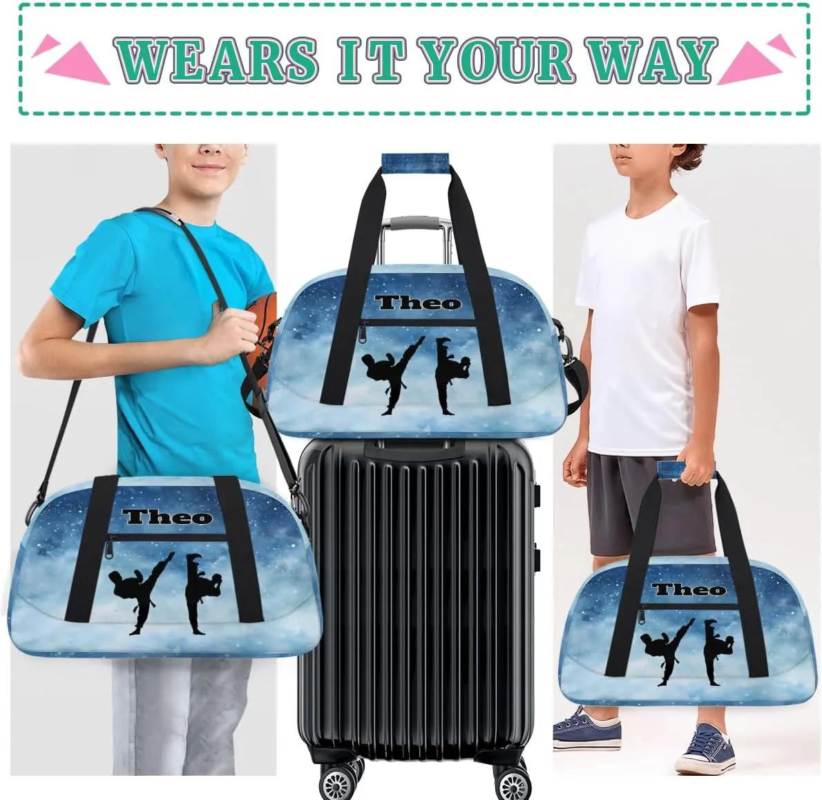 Personalized Gym Bag for Boys, Custom Sport Gym Taekwondo Silhouette Cheerleading Duffel Bag Weekender Fitness Bags Travel Duffel Bag, Watercolor Blue Starry Night