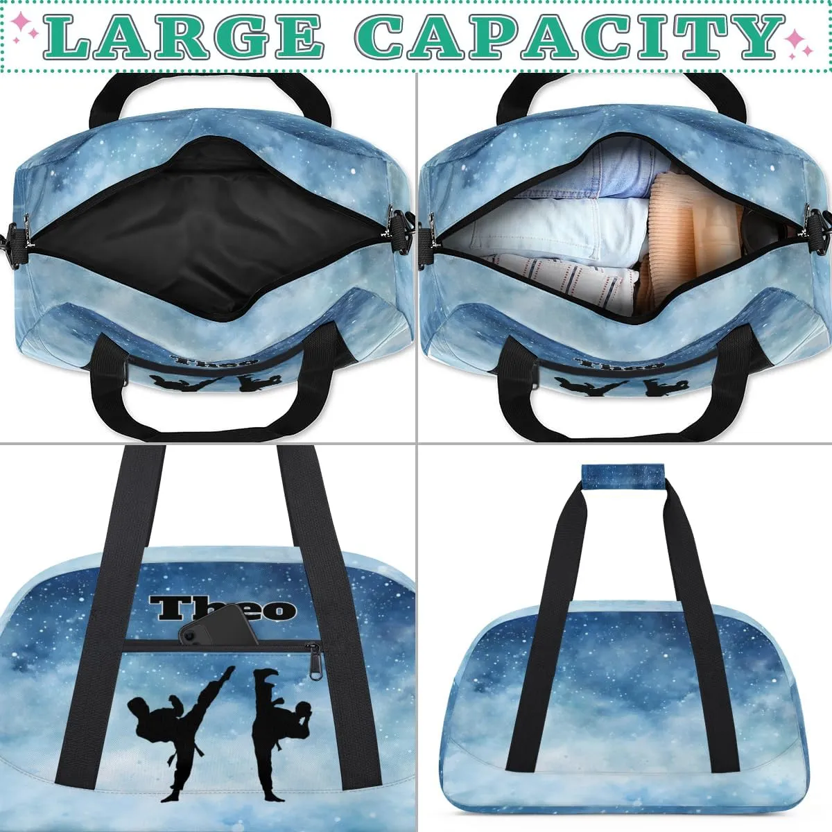 Personalized Gym Bag for Boys, Custom Sport Gym Taekwondo Silhouette Cheerleading Duffel Bag Weekender Fitness Bags Travel Duffel Bag, Watercolor Blue Starry Night