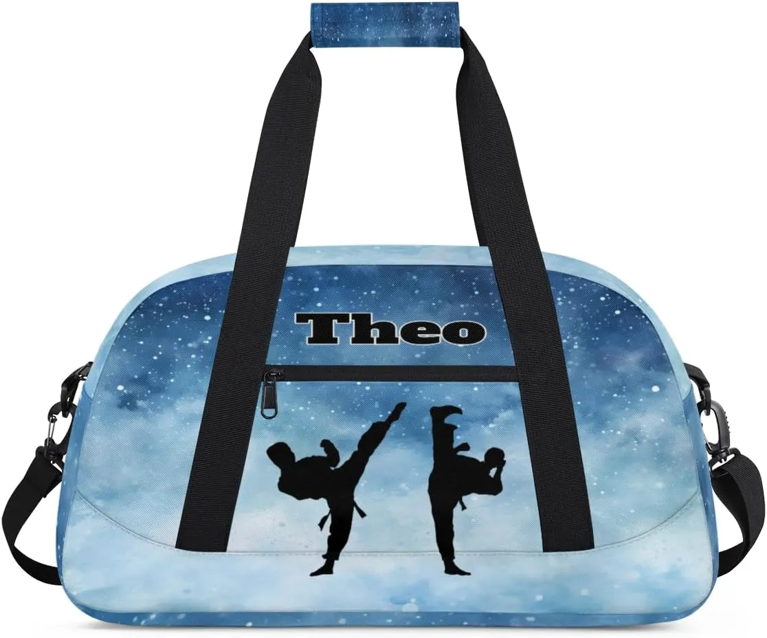 Personalized Gym Bag for Boys, Custom Sport Gym Taekwondo Silhouette Cheerleading Duffel Bag Weekender Fitness Bags Travel Duffel Bag, Watercolor Blue Starry Night