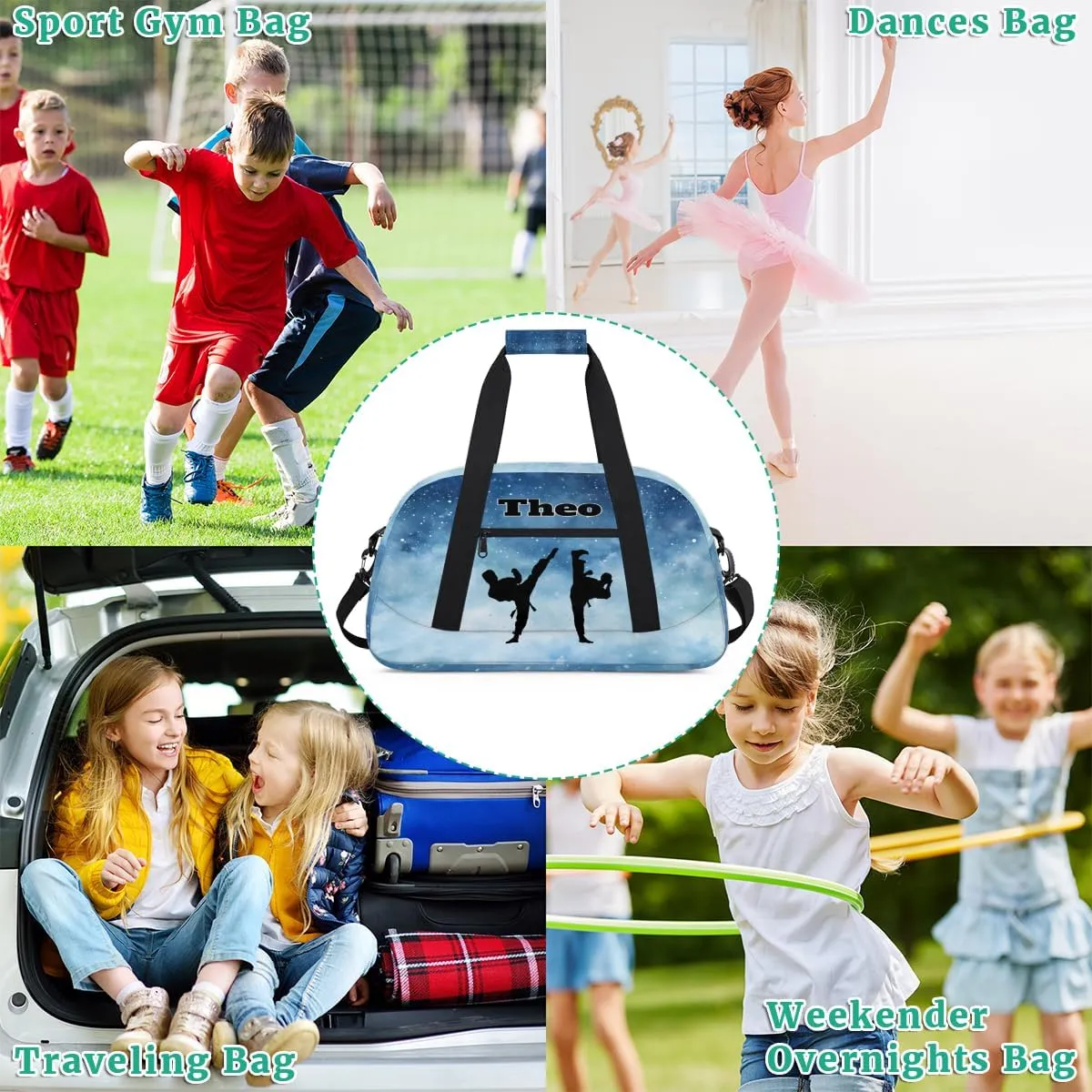 Personalized Gym Bag for Boys, Custom Sport Gym Taekwondo Silhouette Cheerleading Duffel Bag Weekender Fitness Bags Travel Duffel Bag, Watercolor Blue Starry Night