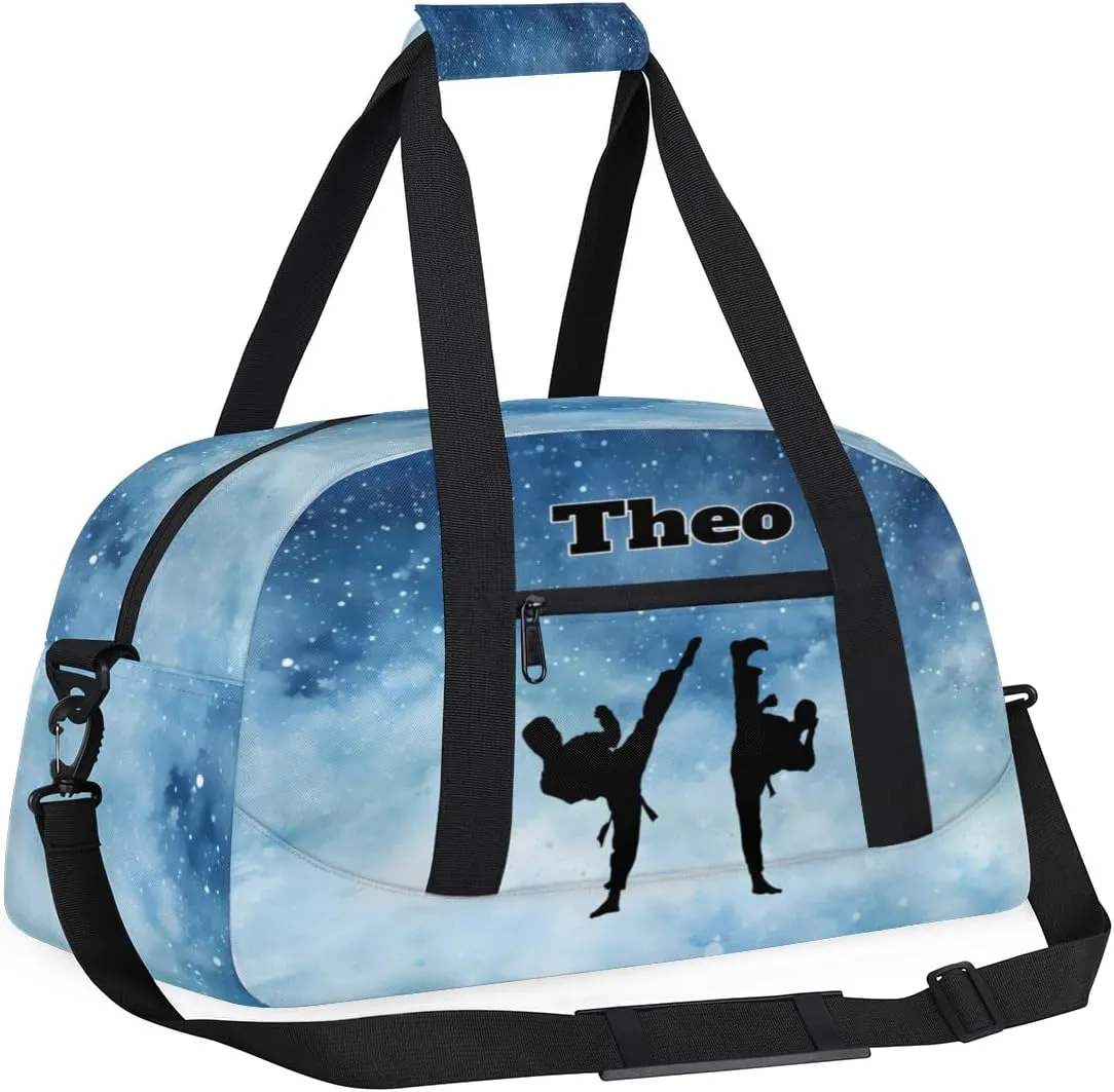 Personalized Gym Bag for Boys, Custom Sport Gym Taekwondo Silhouette Cheerleading Duffel Bag Weekender Fitness Bags Travel Duffel Bag, Watercolor Blue Starry Night