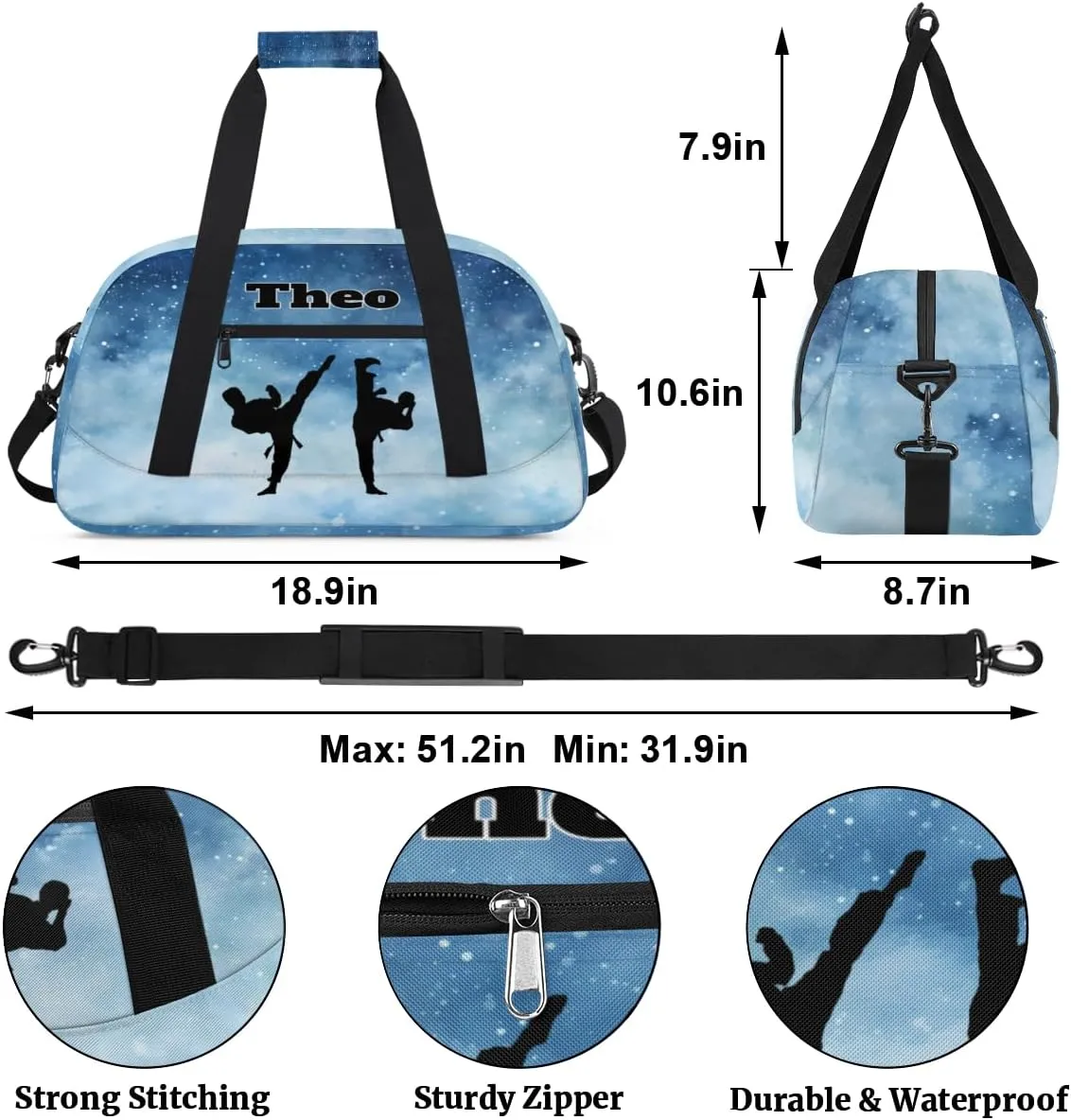 Personalized Gym Bag for Boys, Custom Sport Gym Taekwondo Silhouette Cheerleading Duffel Bag Weekender Fitness Bags Travel Duffel Bag, Watercolor Blue Starry Night