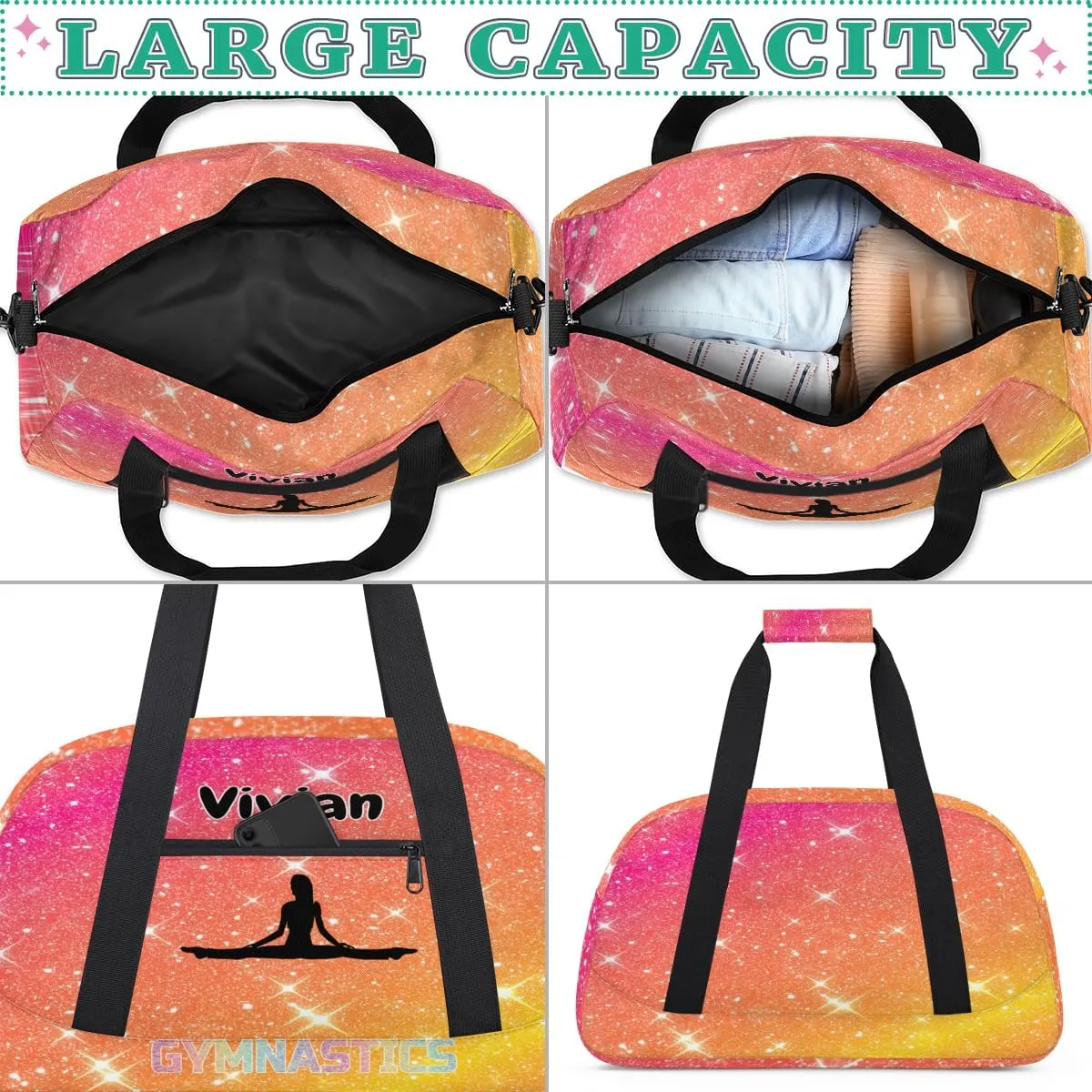 Personalized Gym Bag for Girls Teens, Custom Dance Bag Overnight Small Duffel Bag Gymnastics Swimming Sports Bag Orange Rosy Glitter Stars Gymnastics