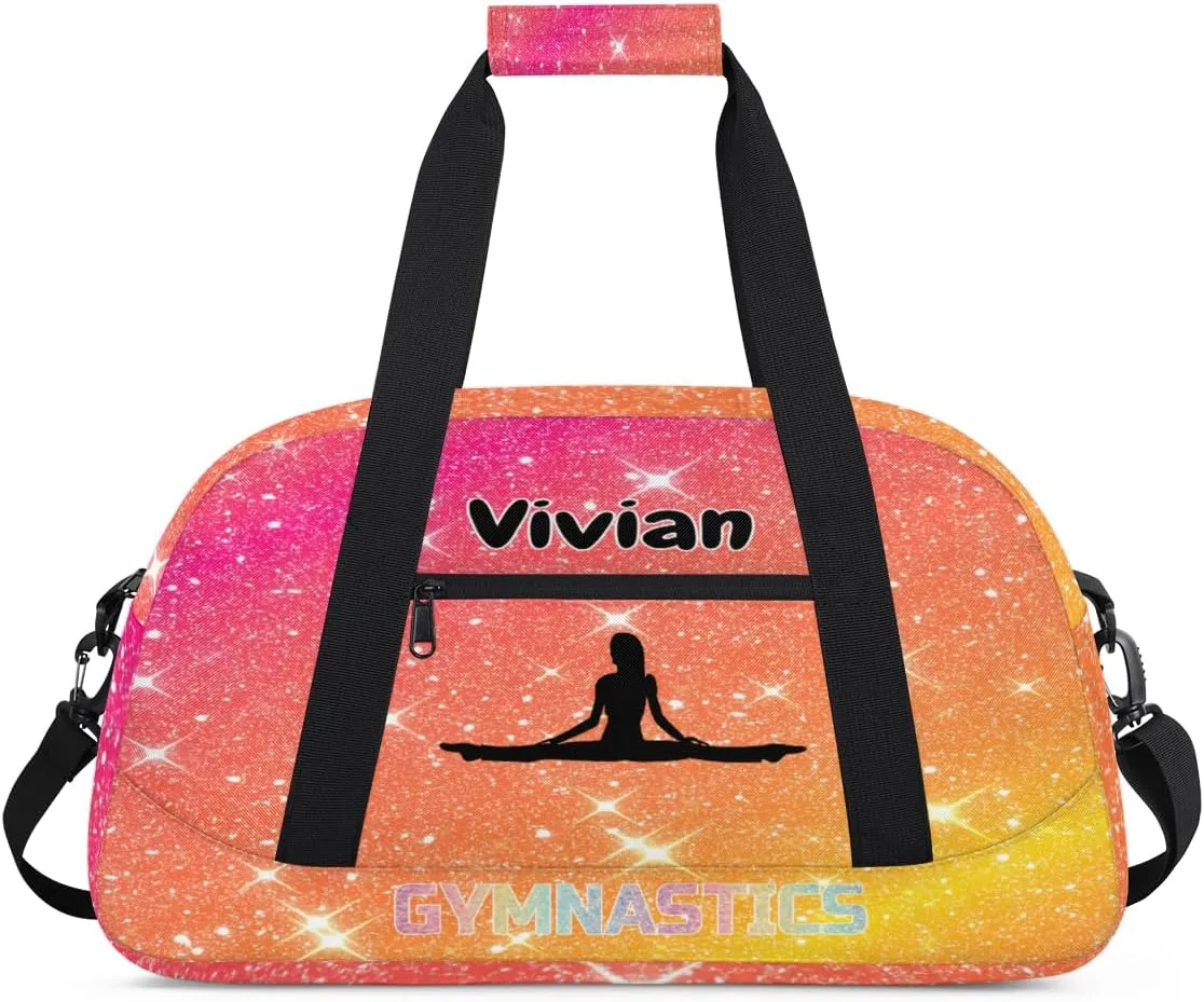 Personalized Gym Bag for Girls Teens, Custom Dance Bag Overnight Small Duffel Bag Gymnastics Swimming Sports Bag Orange Rosy Glitter Stars Gymnastics