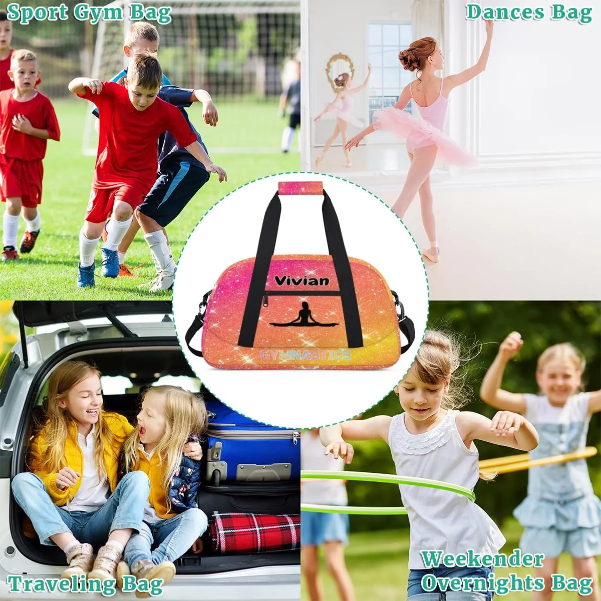 Personalized Gym Bag for Girls Teens, Custom Dance Bag Overnight Small Duffel Bag Gymnastics Swimming Sports Bag Orange Rosy Glitter Stars Gymnastics