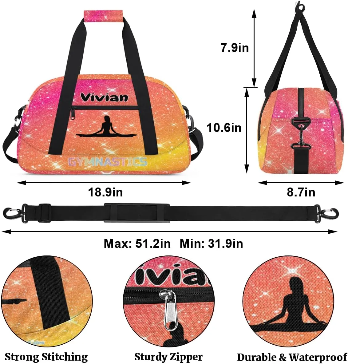 Personalized Gym Bag for Girls Teens, Custom Dance Bag Overnight Small Duffel Bag Gymnastics Swimming Sports Bag Orange Rosy Glitter Stars Gymnastics