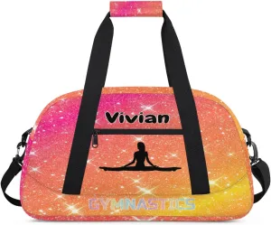 Personalized Gym Bag for Girls Teens, Custom Dance Bag Overnight Small Duffel Bag Gymnastics Swimming Sports Bag Orange Rosy Glitter Stars Gymnastics