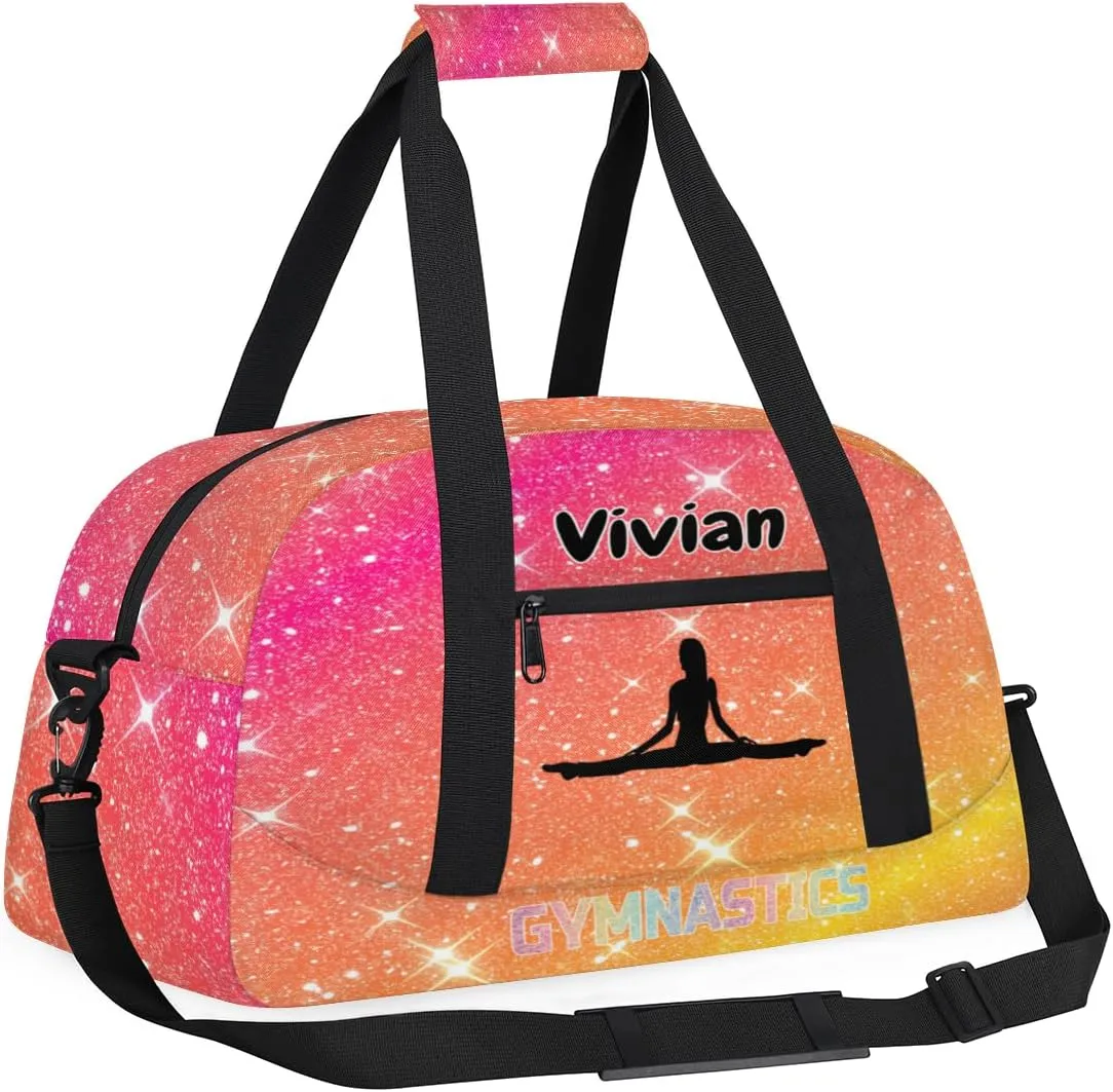 Personalized Gym Bag for Girls Teens, Custom Dance Bag Overnight Small Duffel Bag Gymnastics Swimming Sports Bag Orange Rosy Glitter Stars Gymnastics