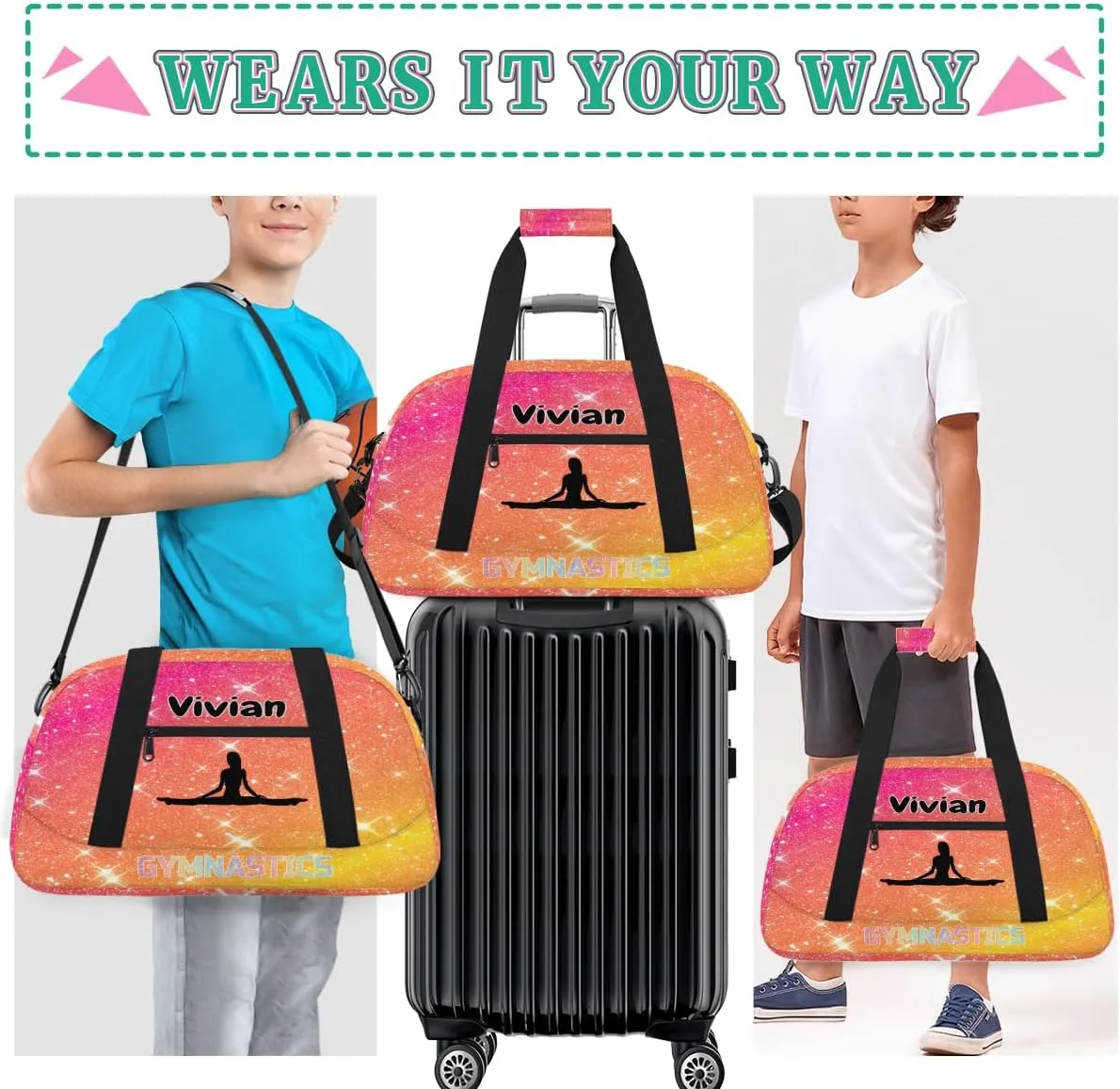Personalized Gym Bag for Girls Teens, Custom Dance Bag Overnight Small Duffel Bag Gymnastics Swimming Sports Bag Orange Rosy Glitter Stars Gymnastics