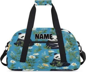 Personalized Gym Dance Bag with Name, Cute China Panda Wild Daisy Floral Custom Cheerleading Duffel Bag Travel Weekender Overnight Carry On Sleepover Bag