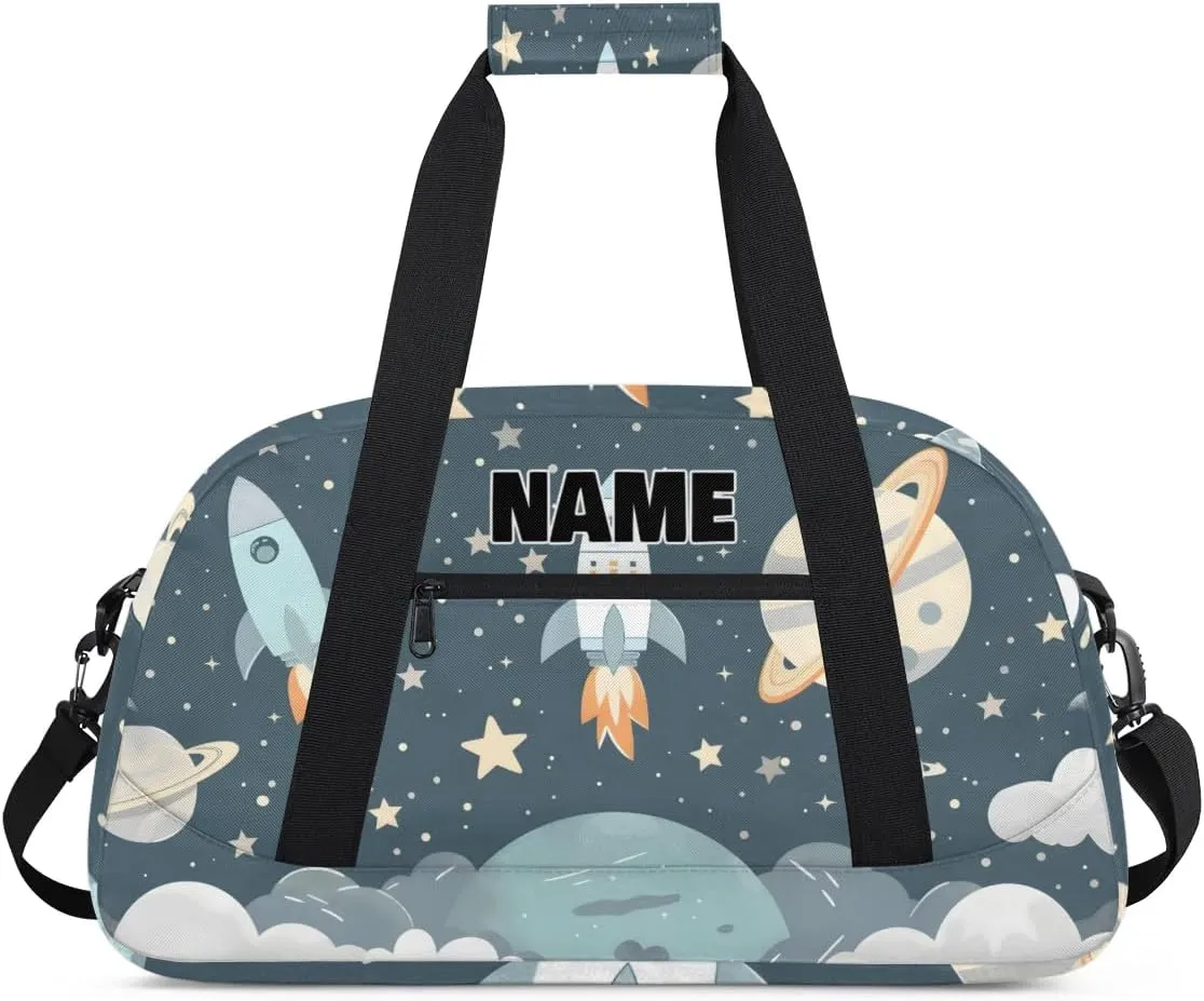 Personalized Gym Dance Bag with Name, Rocket Planet Stars Cloud Imagination Custom Cheerleading Duffel Bag Travel Weekender Overnight Carry On Sleepover Bag