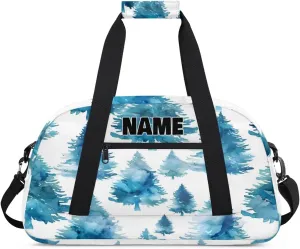 Personalized Gym Dance Bag with Name, Watercolor Painted Blue Green Pine Tree Custom Cheerleading Duffel Bag Travel Weekender Overnight Carry On Sleepover Bag