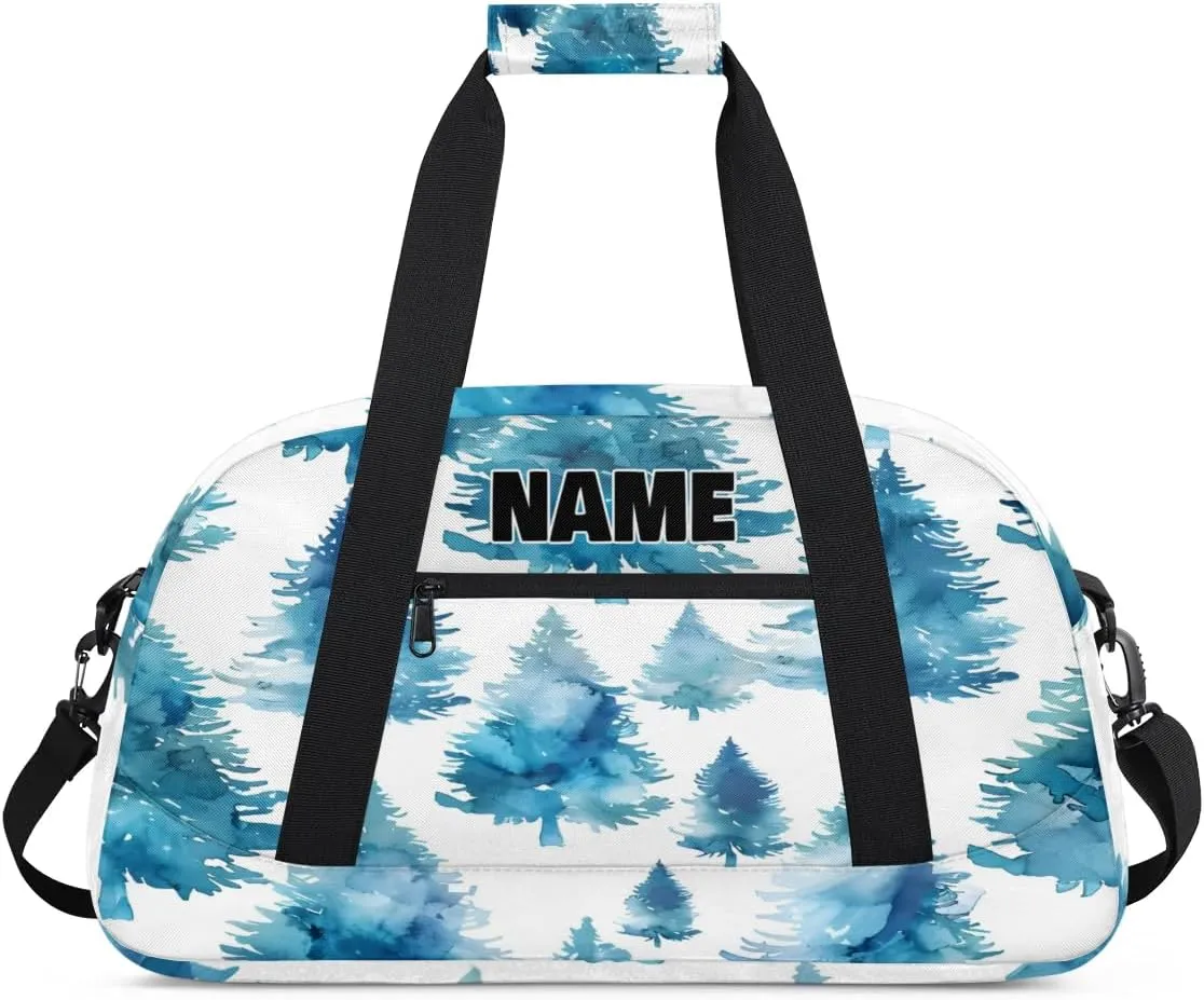 Personalized Gym Dance Bag with Name, Watercolor Painted Blue Green Pine Tree Custom Cheerleading Duffel Bag Travel Weekender Overnight Carry On Sleepover Bag