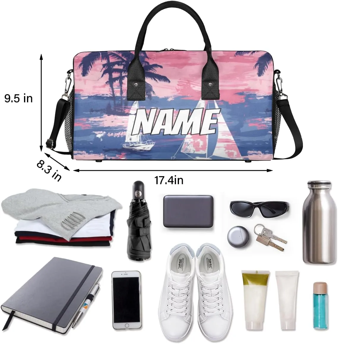 Personalized Hawaii Sailboats Travel Duffel Bag with Name, Custom Gym Sport Bag Palm Tree Pattern Carry On Weekend Overnight Duffel Bag for Men Women
