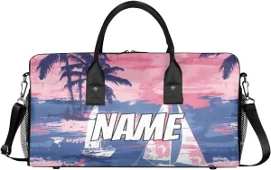 Personalized Hawaii Sailboats Travel Duffel Bag with Name, Custom Gym Sport Bag Palm Tree Pattern Carry On Weekend Overnight Duffel Bag for Men Women