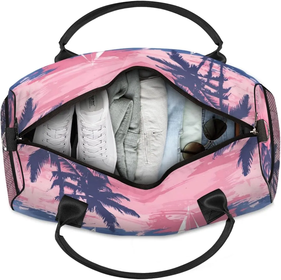 Personalized Hawaii Sailboats Travel Duffel Bag with Name, Custom Gym Sport Bag Palm Tree Pattern Carry On Weekend Overnight Duffel Bag for Men Women
