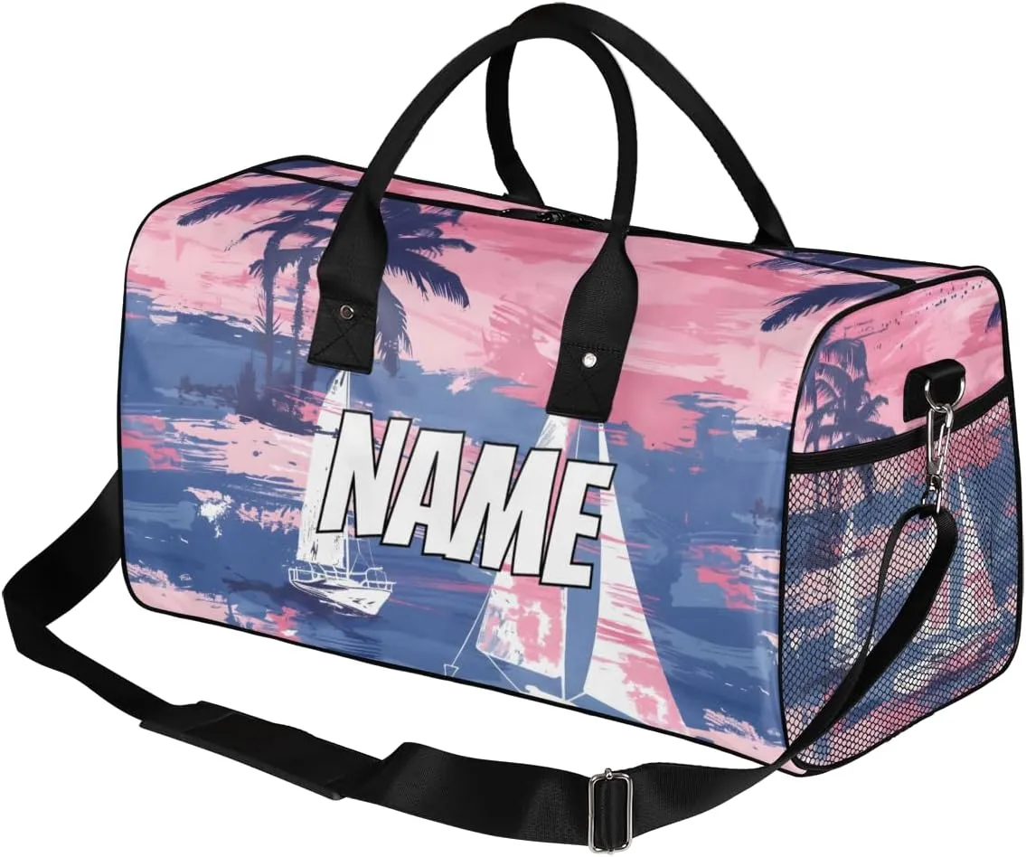 Personalized Hawaii Sailboats Travel Duffel Bag with Name, Custom Gym Sport Bag Palm Tree Pattern Carry On Weekend Overnight Duffel Bag for Men Women