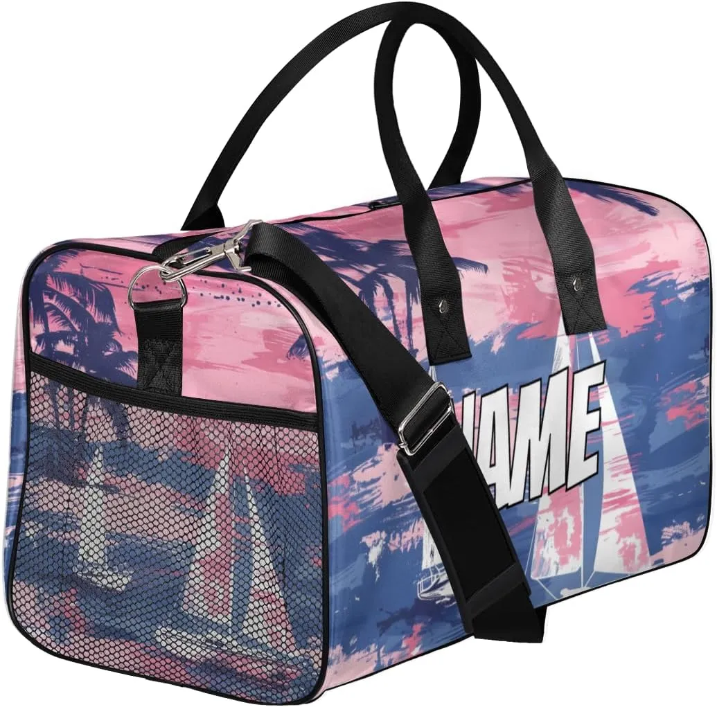 Personalized Hawaii Sailboats Travel Duffel Bag with Name, Custom Gym Sport Bag Palm Tree Pattern Carry On Weekend Overnight Duffel Bag for Men Women