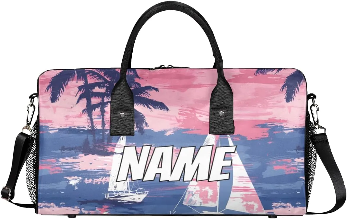 Personalized Hawaii Sailboats Travel Duffel Bag with Name, Custom Gym Sport Bag Palm Tree Pattern Carry On Weekend Overnight Duffel Bag for Men Women