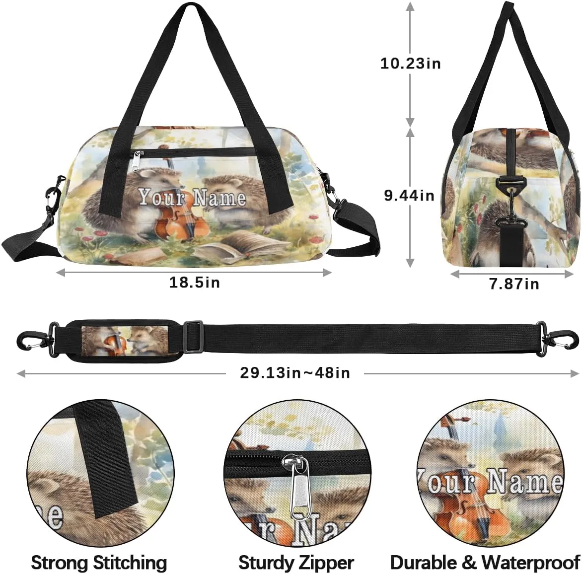 Personalized Kids Duffel Bag Forest Animal Hedgehog Guitar,Custom Sport Gym Bag for Boys Girls,WWeekender Overnight Bags Travel Duffel Bag,Customized Kids Gift