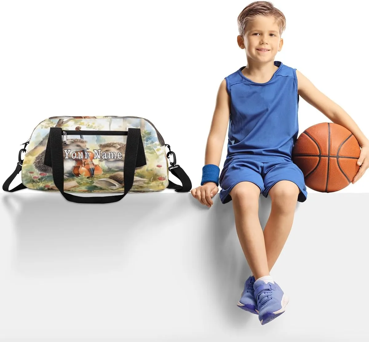 Personalized Kids Duffel Bag Forest Animal Hedgehog Guitar,Custom Sport Gym Bag for Boys Girls,WWeekender Overnight Bags Travel Duffel Bag,Customized Kids Gift