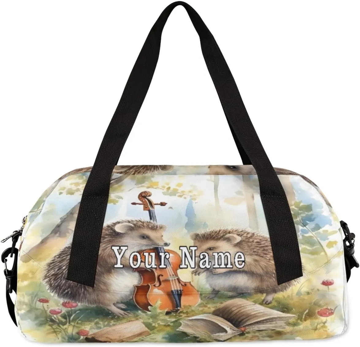 Personalized Kids Duffel Bag Forest Animal Hedgehog Guitar,Custom Sport Gym Bag for Boys Girls,WWeekender Overnight Bags Travel Duffel Bag,Customized Kids Gift