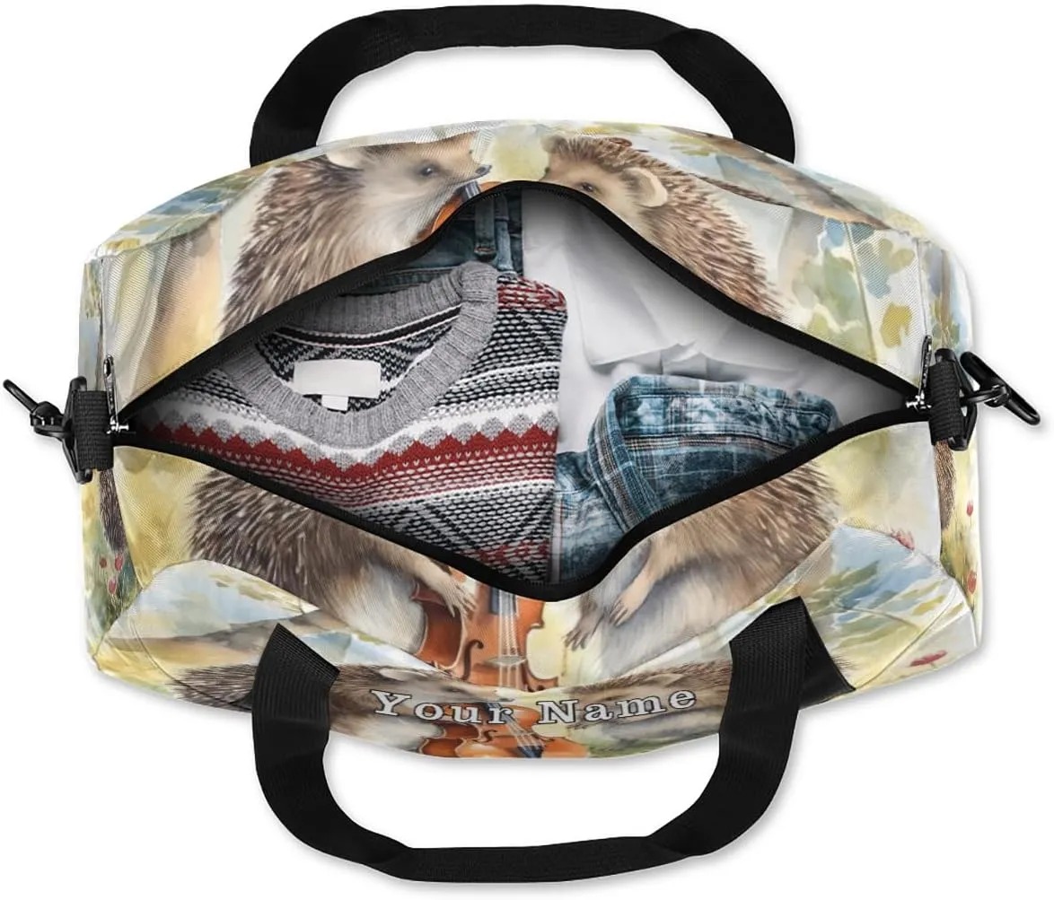 Personalized Kids Duffel Bag Forest Animal Hedgehog Guitar,Custom Sport Gym Bag for Boys Girls,WWeekender Overnight Bags Travel Duffel Bag,Customized Kids Gift